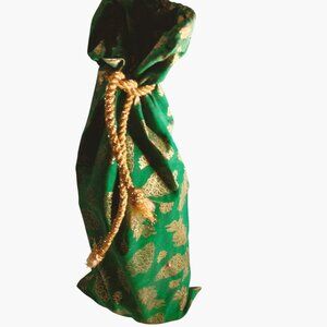 Green Gold Drawstring Wine Bottle Gift Bag Green gold Brocade Christmas Tree